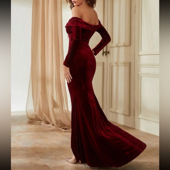 Luxe Velvet Off Shoulder Prom Formal Party Evening Wedding Dress Navy Blue - Picture 8 of 11